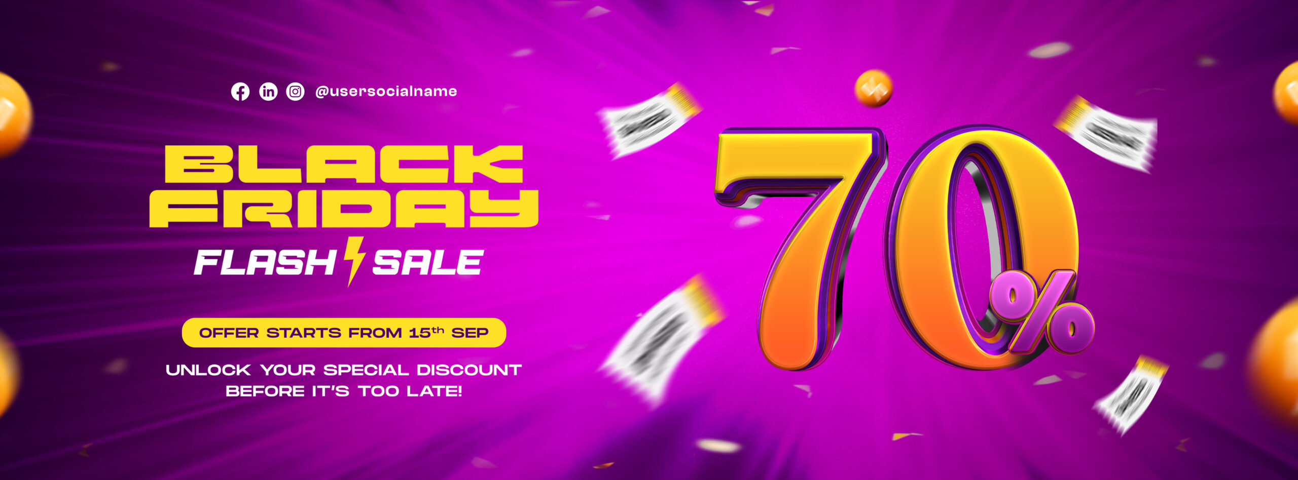 Black Friday 70% Flash Sale Social Media Cover With Editable Text Effect